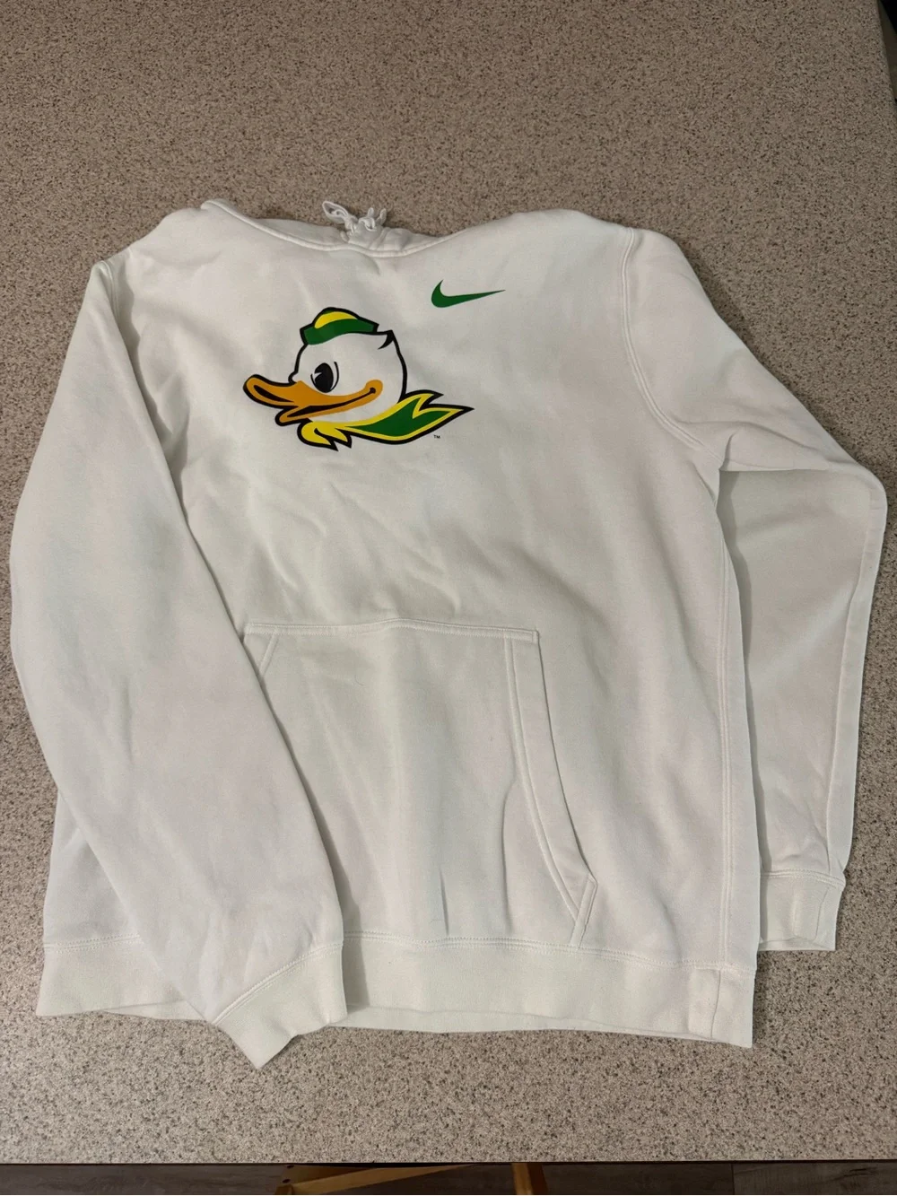Nike White Hoodie with Green & Yellow Duck Graphic